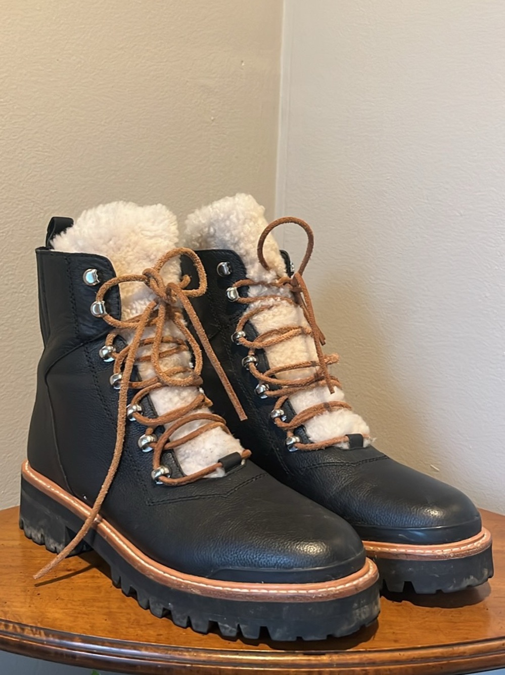Marc Fisher Black Leather Lace-Up Lug Boots with Shearling Trim